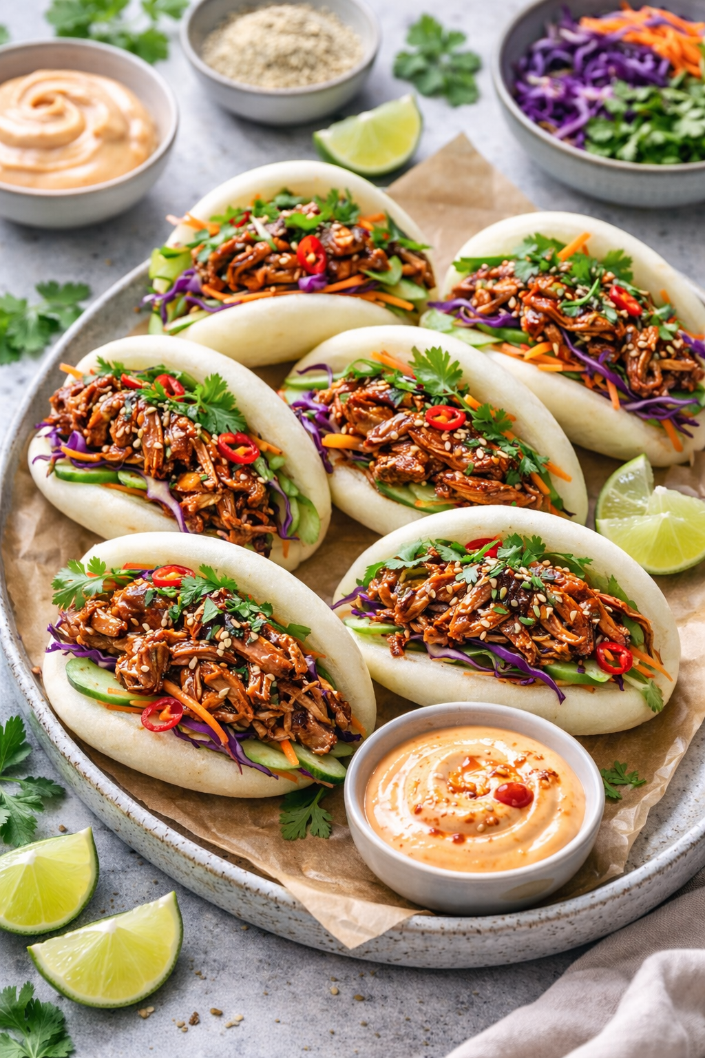 Bao-boller med teriyaki (kylling eller portobello) og lynsyltet rødkål med sesam