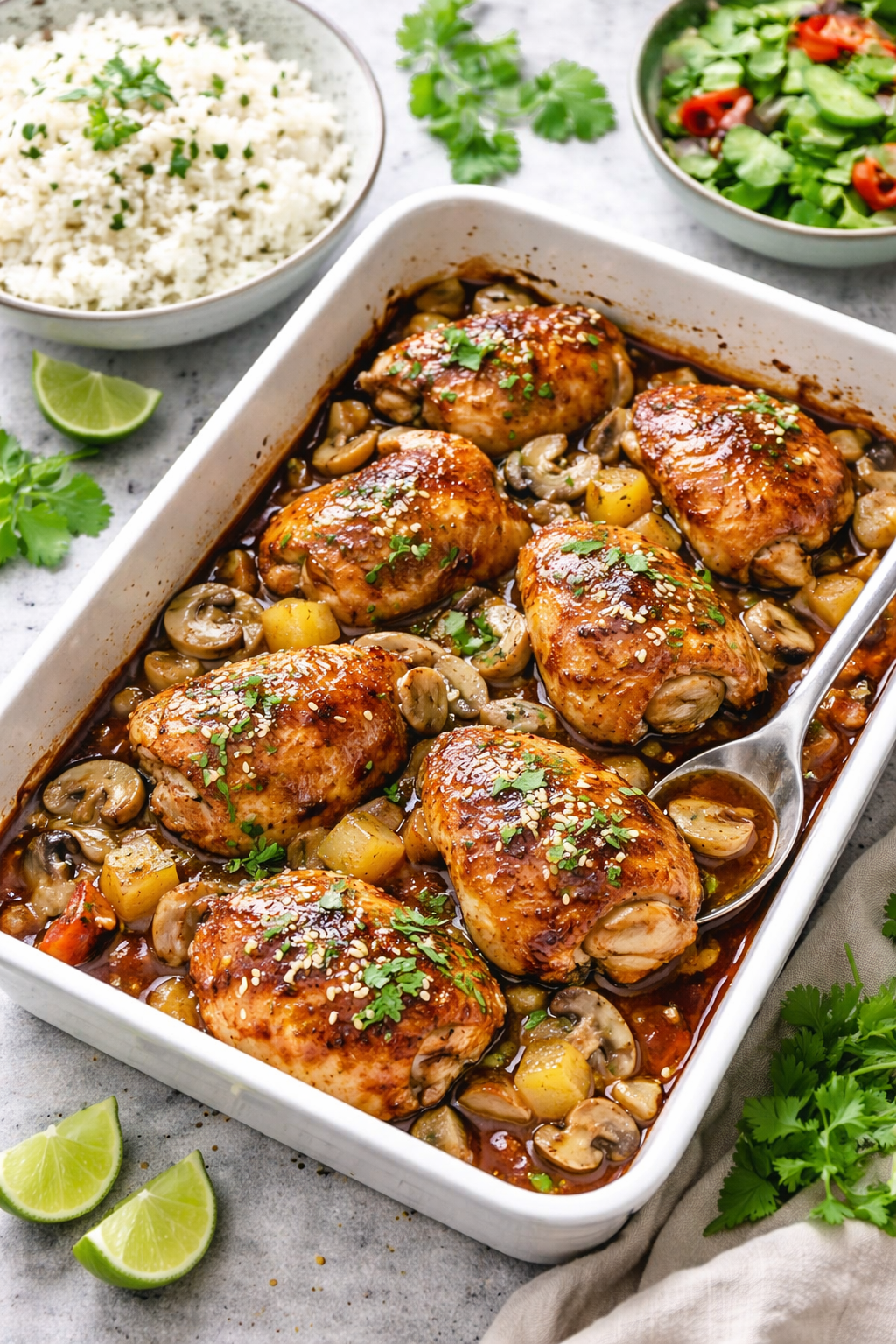 Ovnbagt kyllingeoverlår i sherry-soja med ananas, ingefær og svampe